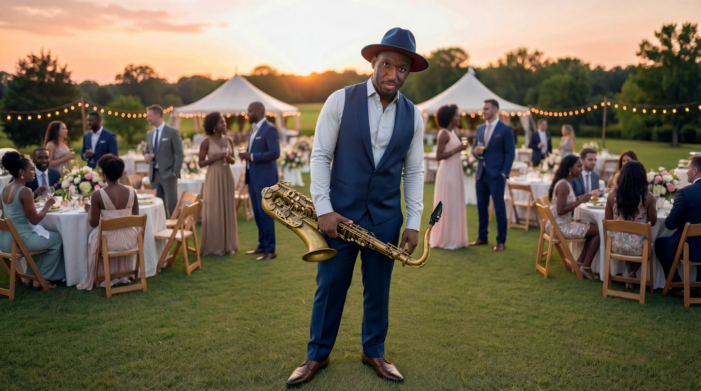 Richie Garrison playing saxophone at an outdoor wedding